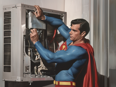 Superman installing a heat pump